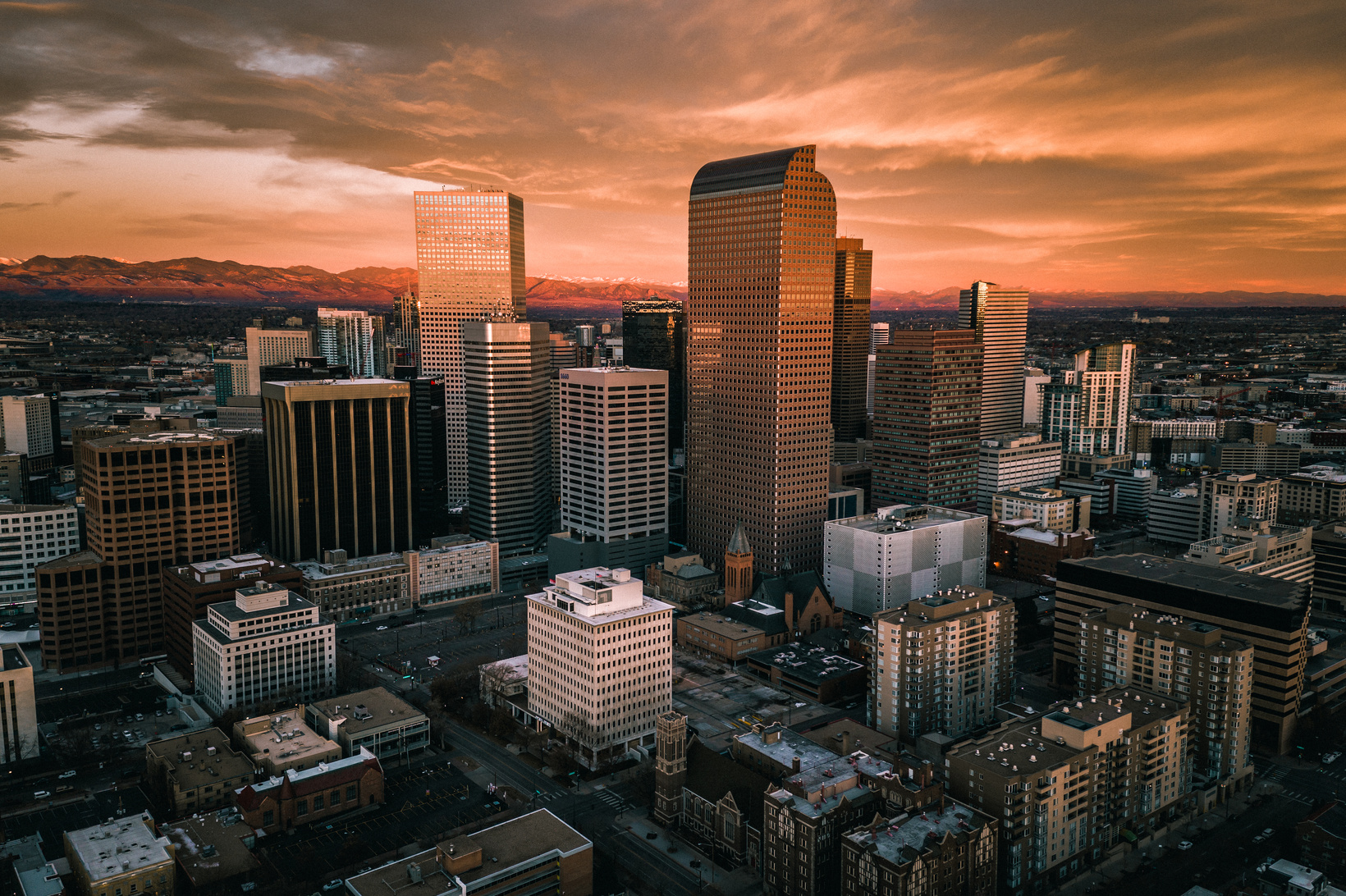 Aerial drone photo - Sunrise over city of Denver Colorado